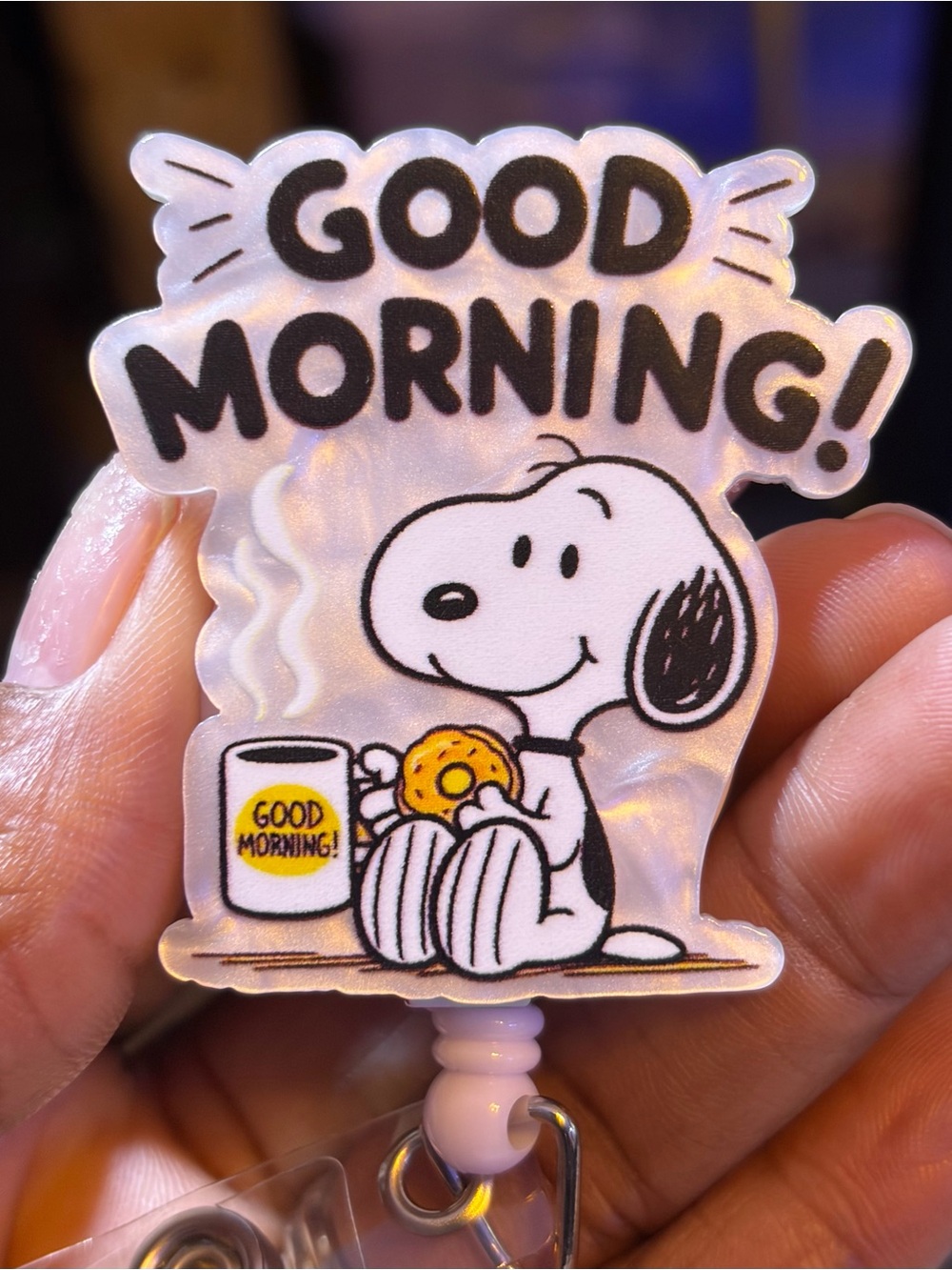 Peanuts Snoopy Good Morning Coffee doughnut Retractable Badge Reel ID Holder